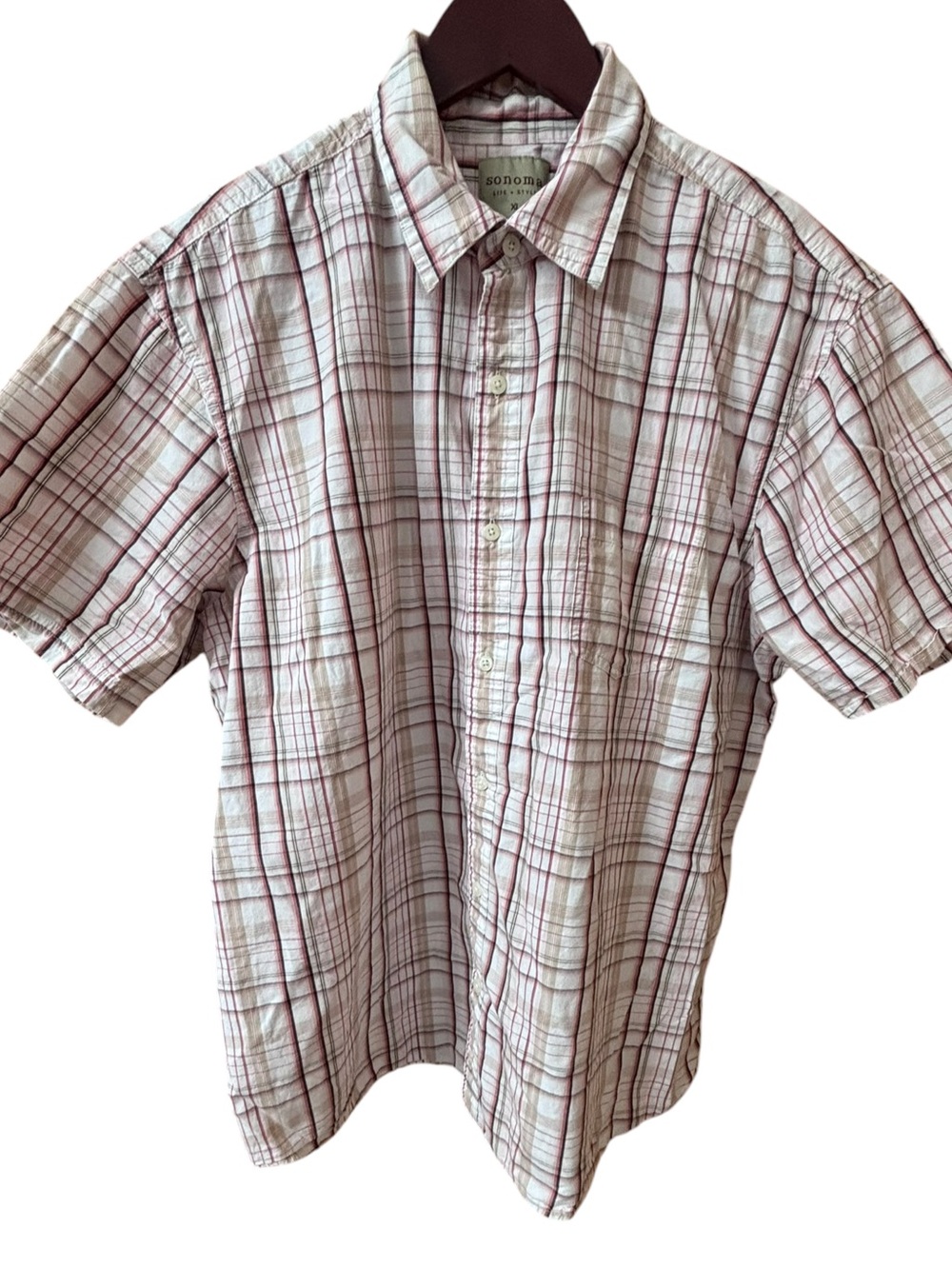 Sonoma Men’s XL Plaid Short Sleeve Button Down Shirt 100% Cotton EUC